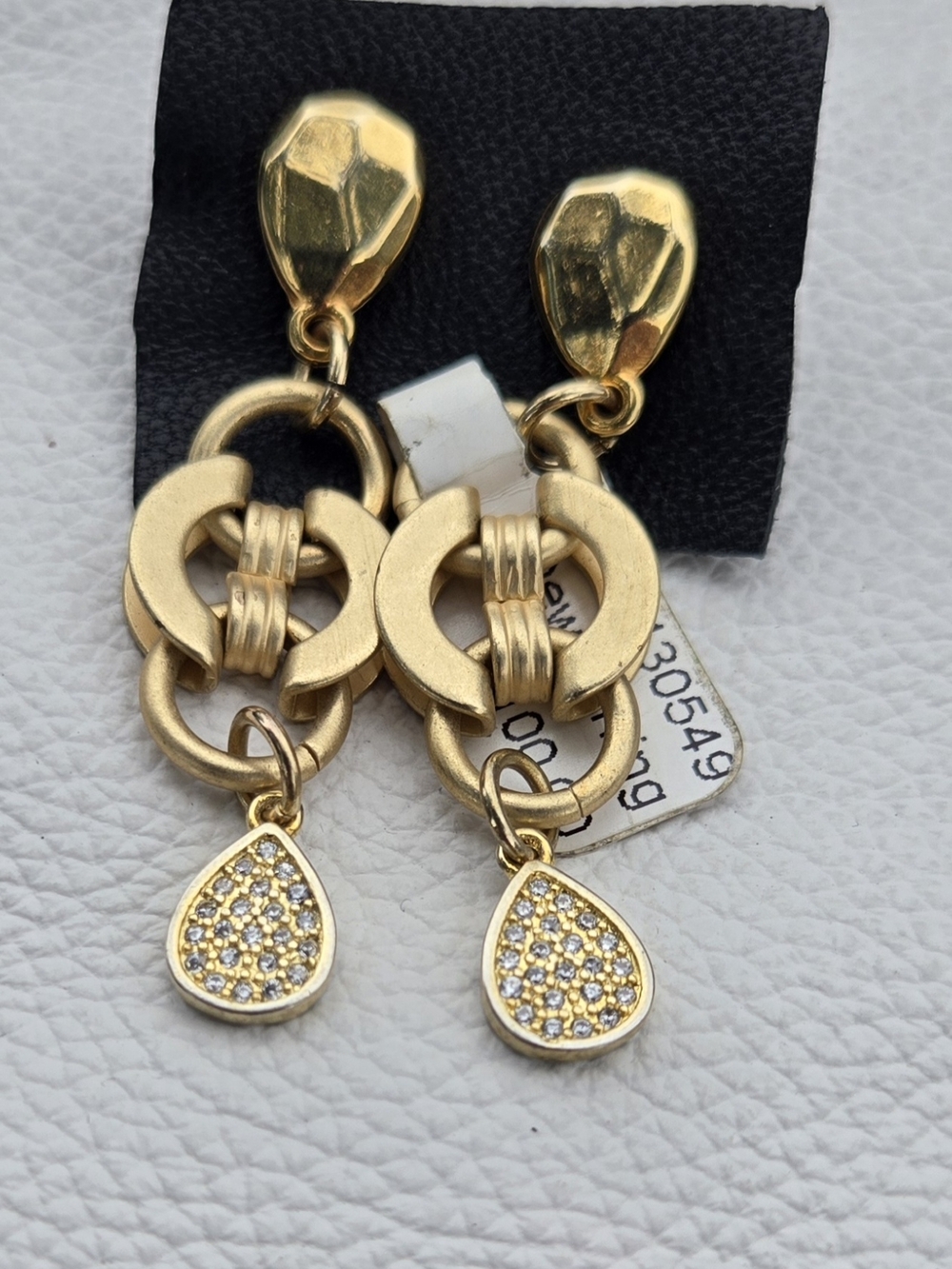 Gold Tone Linked Drop Earrings with Pave Teardrop Charm
